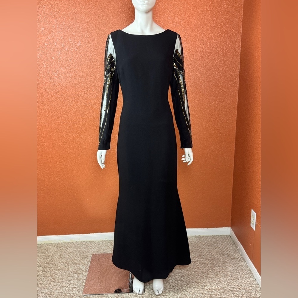 BADGLEY MISCHKA Vintage Elegant Black Evening Dress Gold Sequin Sleeves 10 G#28